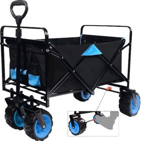 Collapsible Heavy Duty Beach Wagon Cart Outdoor Folding Utility Camping Garden Beach Cart with Universal Wheels Adjustable Handle Shopping (black&blue