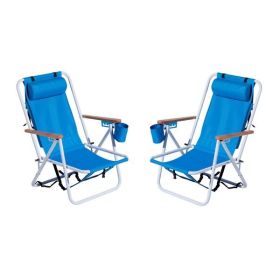 Folding Beach Chair Set of 2 for Adults, 4 Position Portable Backpack Foldable Camping Chair with Headrest Cup Holder and Wooden Armrests, Blue