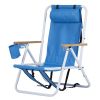 Folding Beach Chair Set of 2 for Adults, 4 Position Portable Backpack Foldable Camping Chair with Headrest Cup Holder and Wooden Armrests, Blue