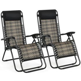 2 Pieces Folding Patio Rattan Zero Gravity Lounge Chair (Color: Gray)